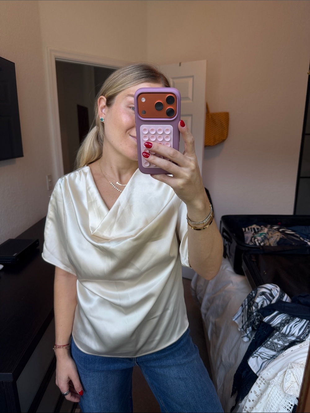 Rachel Zoe Cream Satin Draped Cowl Neck Blouse